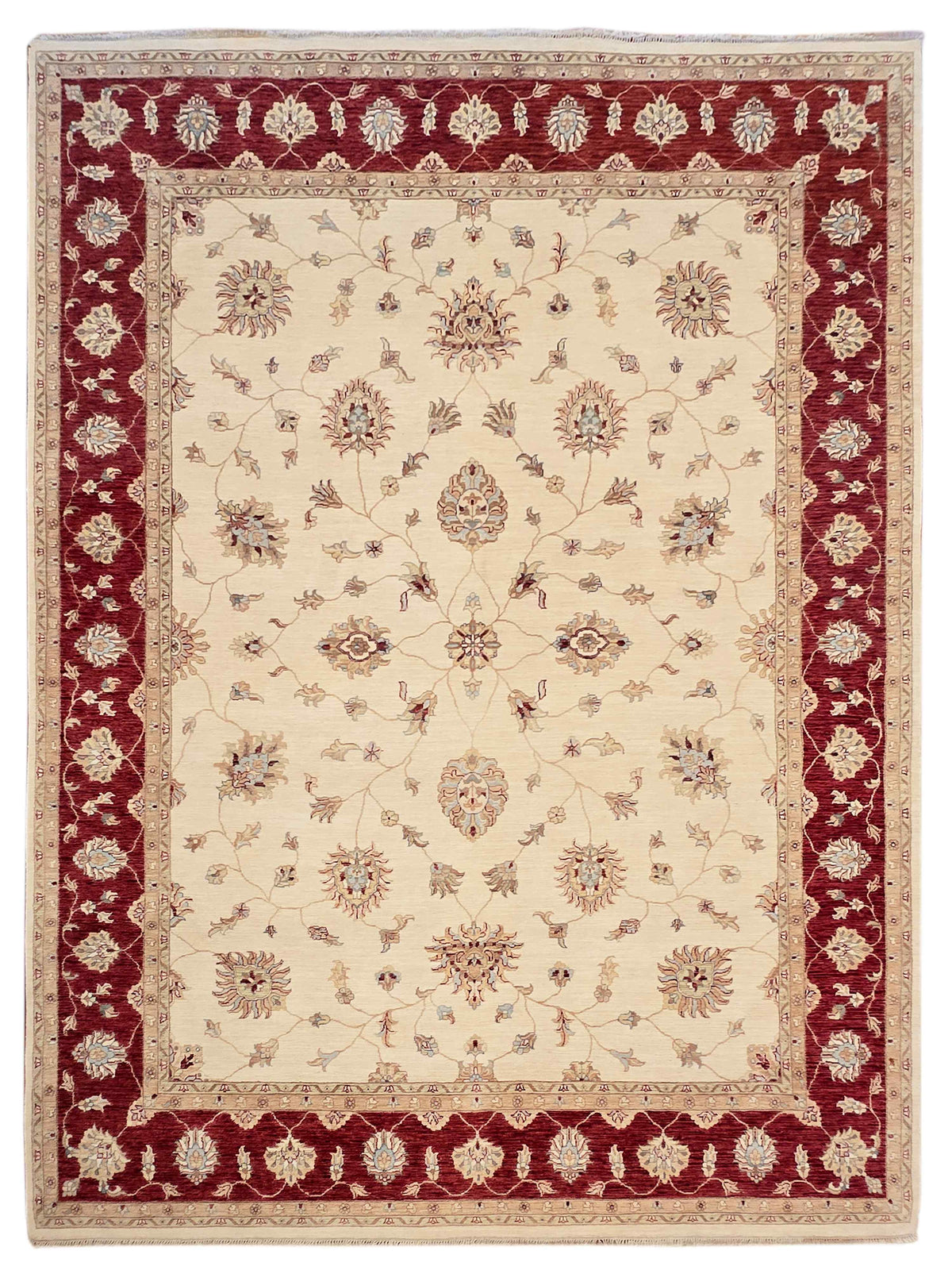 Cream wool rug with burgundy floral border and medallion pattern, 374 x 274 cm