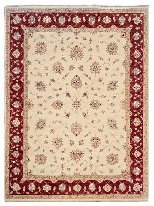 Cream wool rug with burgundy floral border and medallion pattern, 374 x 274 cm