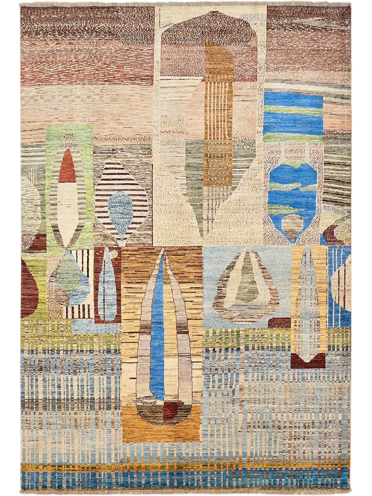 Multicolor abstract geometric area rug with layered motifs and short fringe along the border.
