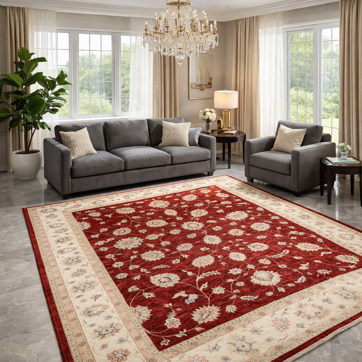Large red floral area rug with cream border and decorative corner accents
