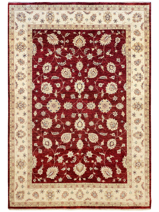Classic floral area rug with burgundy red center, cream floral border, and ornate frame