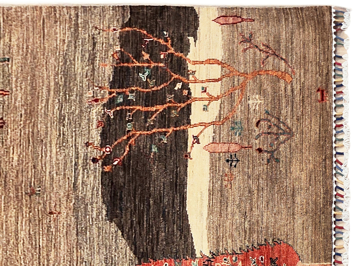 Textured rug section with tall tree motif, dark and tan browns, cream background, red details