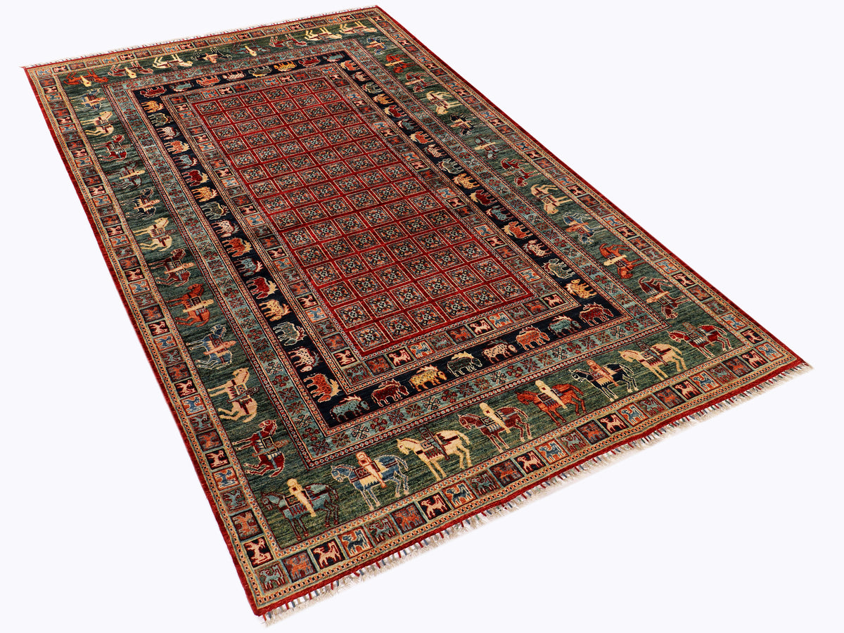 Rectangular rug with red outer border, dark green center, and teal geometric strips.