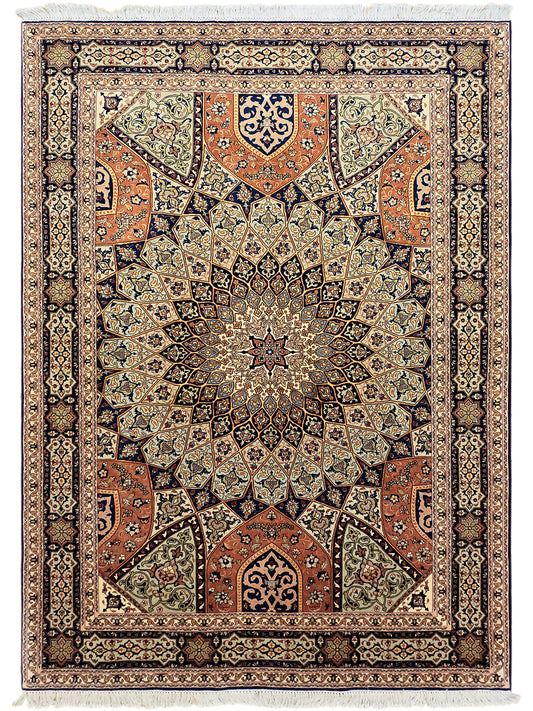 Square rug with central star medallion, multicolor field, and decorative border