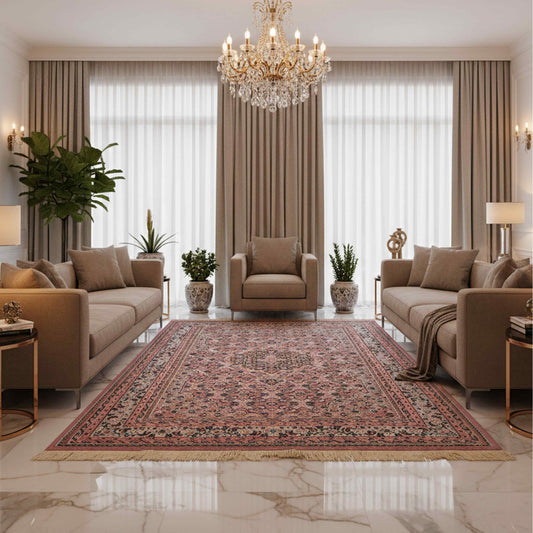 Bidjar rug with dusty rose central medallion, ornate border, and cream fringed edges