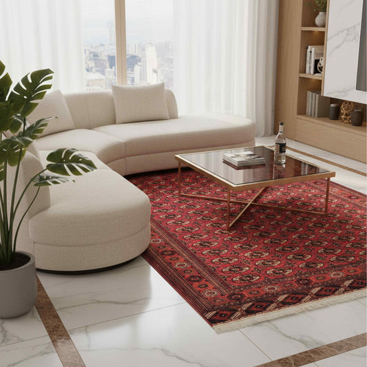 Red geometric area rug with ornate border, shown on a living room floor