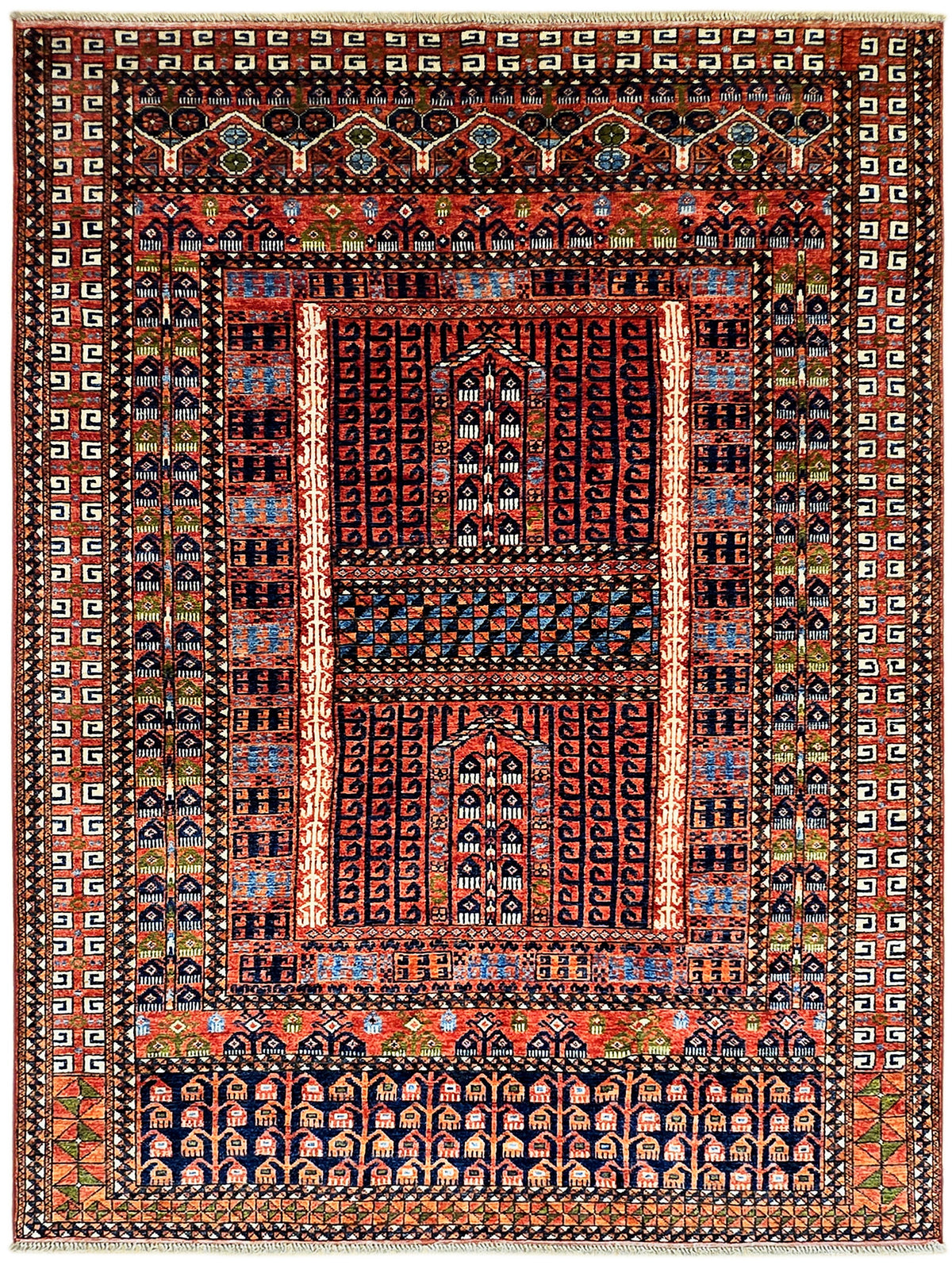 Turkmen-style rug with central red medallion, teal accents, and ornate geometric frames