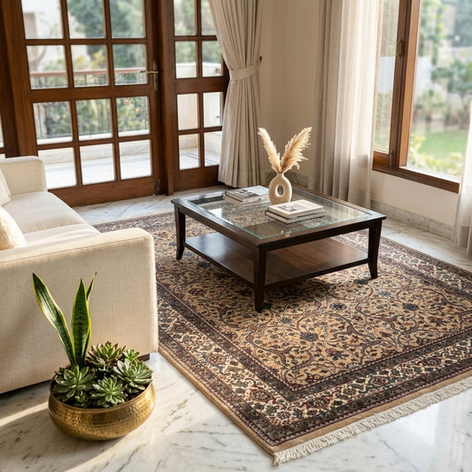 Khashan rug with ornate beige, navy, and brown motifs and fringed edges
