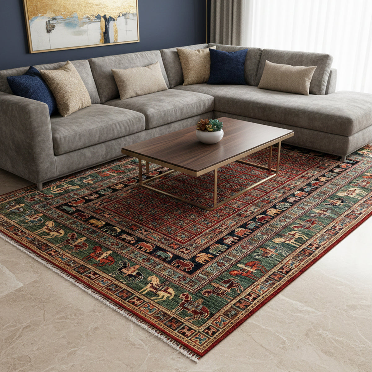 Multicolor rug with red border and geometric medallion in front of a sofa.