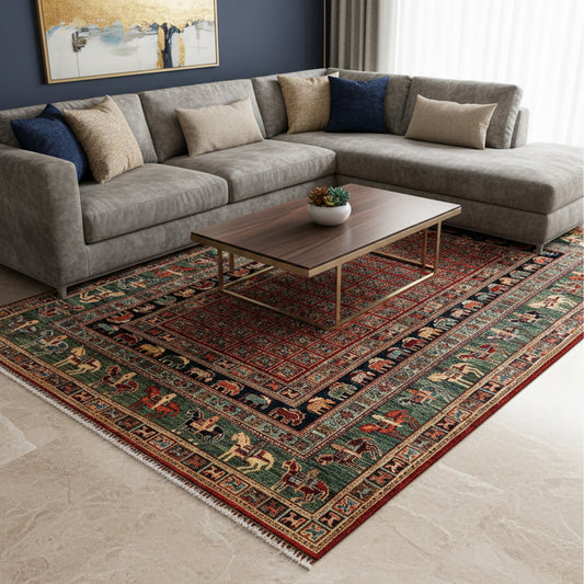 Multicolor rug with red border and geometric medallion in front of a sofa.