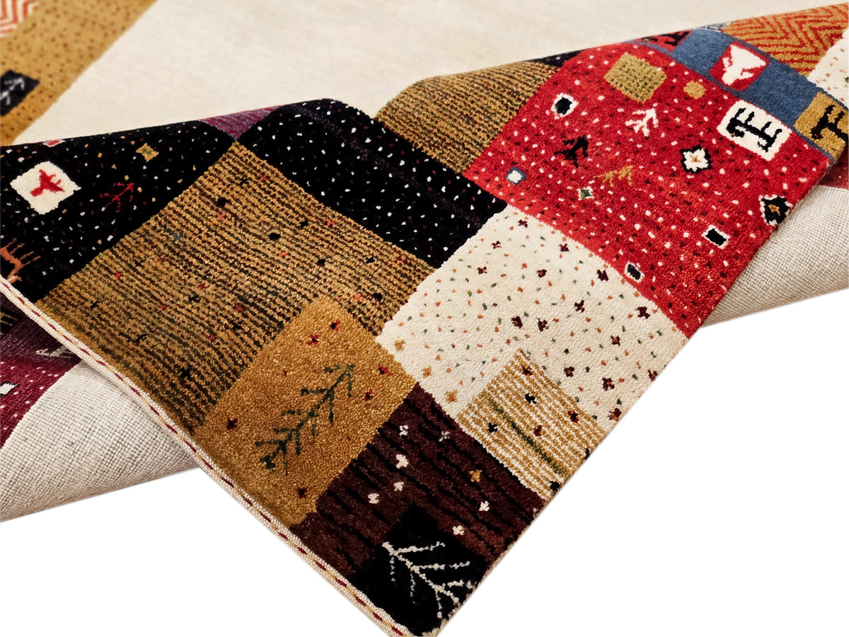 Rug edge close-up showing folded seam and multicolor block pattern