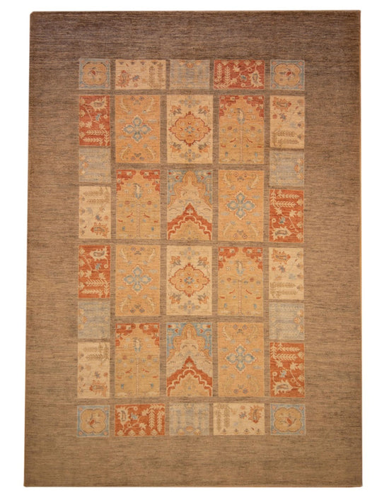 Ziegler rug, rectangular patchwork geometric pattern in warm brown, orange, and beige
