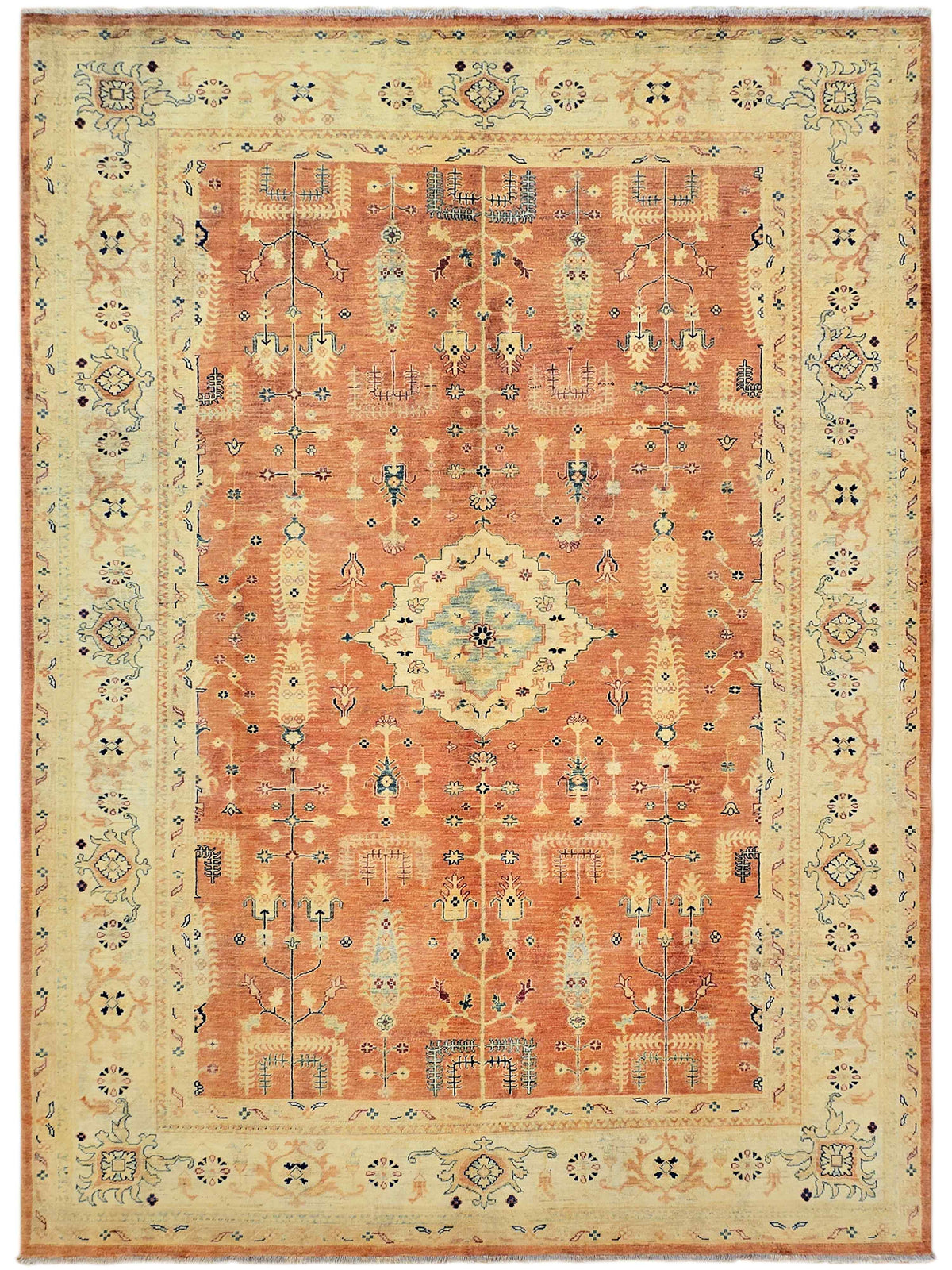 Orange and cream patterned area rug with decorative border and central motif